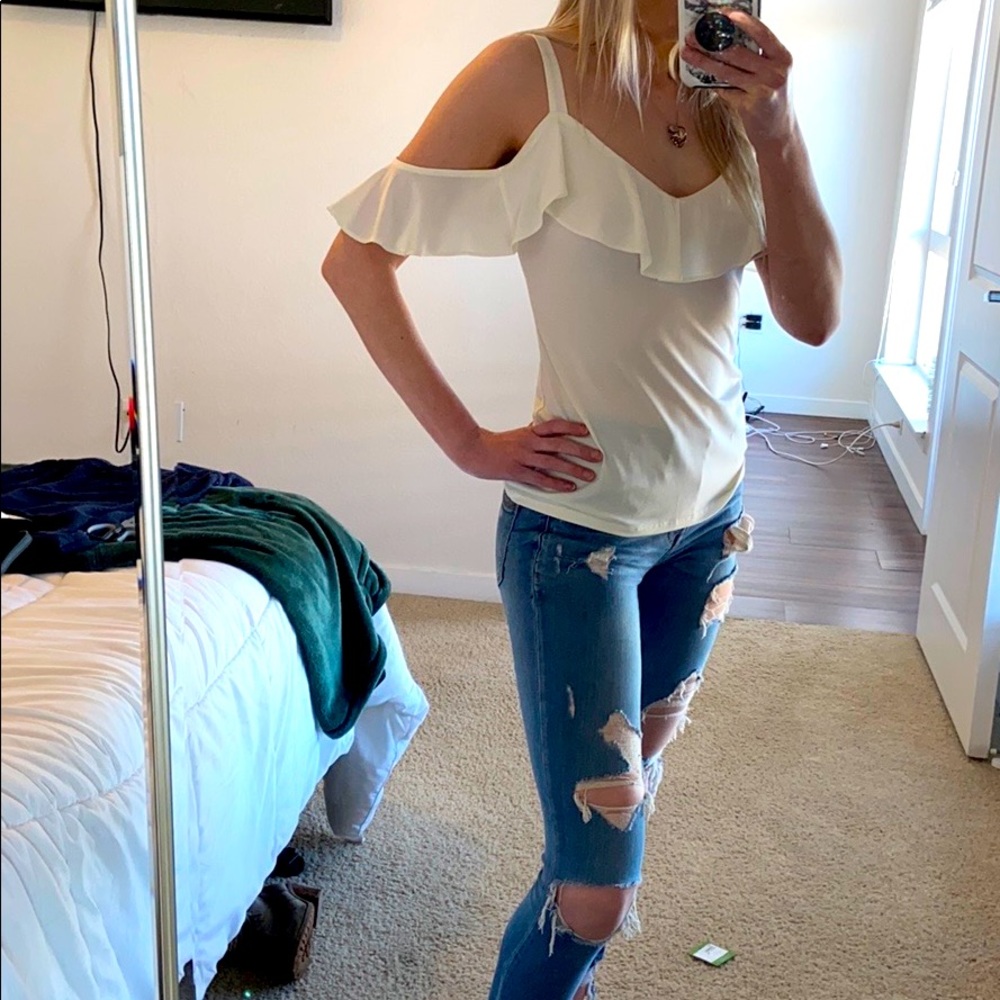 Cream white off the shoulder ruffle top